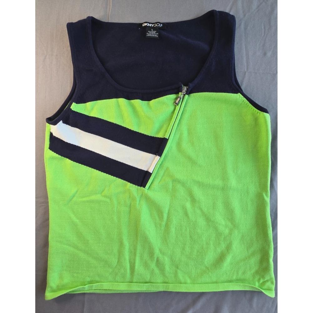 DKNY Golf Women's Sleeveless Polo Top Neon Green Navy White Zip Front Y2K 90s